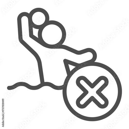 Man with ball in water ban line icon, water sport concept. Vector graphics. Player with close button, forbidden item sign on white background, outline style icon for mobile or web design.