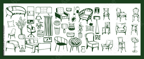 Doodle sketch of living room furniture, hand-drawn in different sizes and types, modern and vintage. Scandinavian furniture Interior elements Boho style. Vector illustration