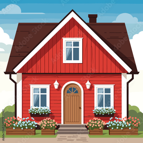A cozy red wooden house with a brown roof and detailed windows.