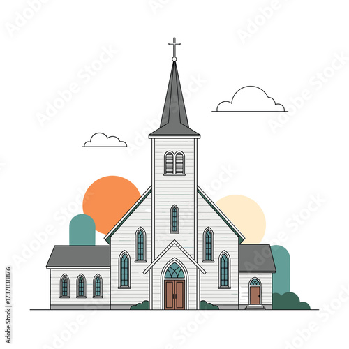 A charming white country church with a tall steeple and arched windows standing against a whimsical background.