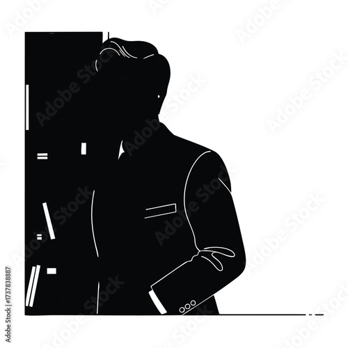 A stark black and white graphic silhouette of an anonymous man wearing a formal suit jacket.