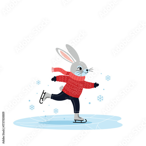 A cute rabbit wearing a red sweater and scarf ice skating gracefully on a frozen pond in the snow.