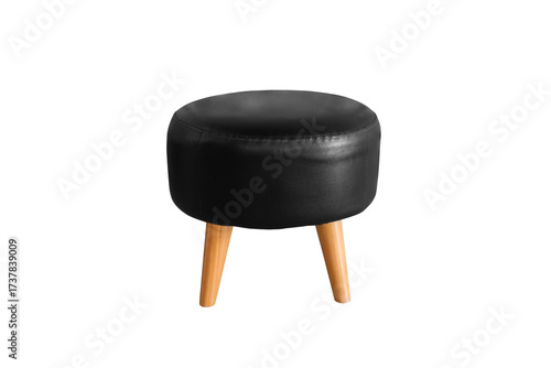 Black leather low stool with wooden legs