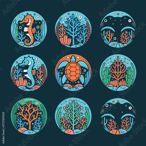 A vibrant collection of nine circular icons depicting stylized underwater marine life including seahorses a sea turtle and coral reefs.