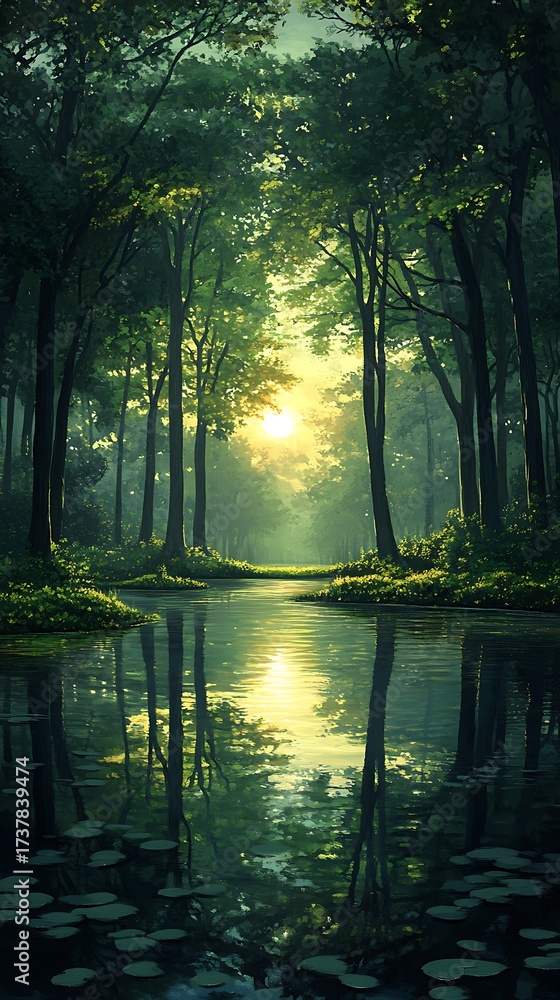 Obraz premium Tranquil Forest Reflections: A serene landscape featuring mirrored sunlight on water