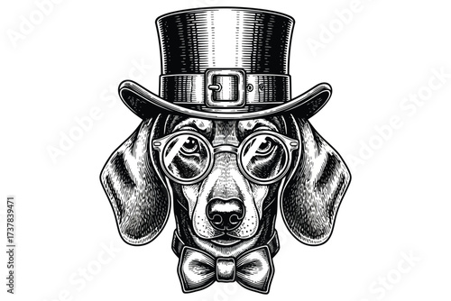 Vector art of a distinguished dachshund, sporting a top hat, round glasses, and a bow tie, rendered in a detailed engraving style for a vintage aesthetic