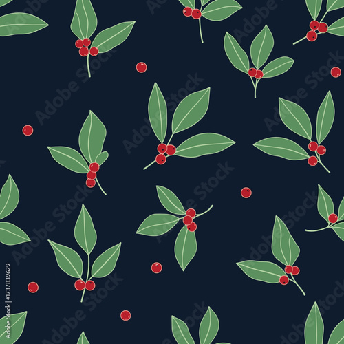 A charming winter pattern featuring scattered holly leaves and berries on a dark blue background.