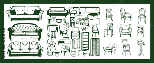 Doodle sketch of living room furniture, hand-drawn in different sizes and types, modern and vintage. Scandinavian furniture Interior elements Boho style. Vector illustration