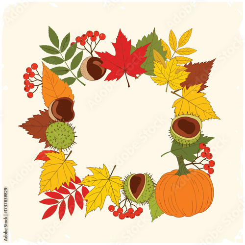 A delightful autumnal wreath brimming with colorful leaves berries and pumpkins.