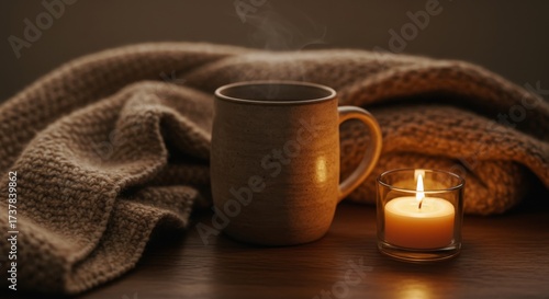 Wallpaper Mural Warm cup of tea beside candle on cozy blanket in evening light   Torontodigital.ca