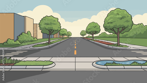 A cartoon street scene with trees buildings and a road leading into the distance on a cloudy day