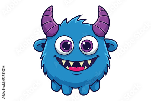Vector art of a cheerful blue monster with purple horns and big eyes, , radiating happiness with its toothy grin and playful demeanor