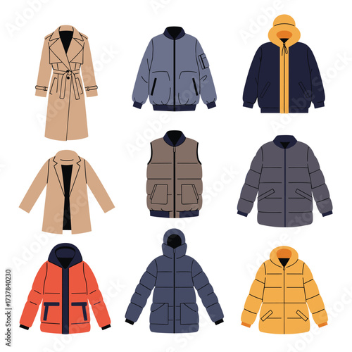 Collection of various winter coats and jackets for men and women.