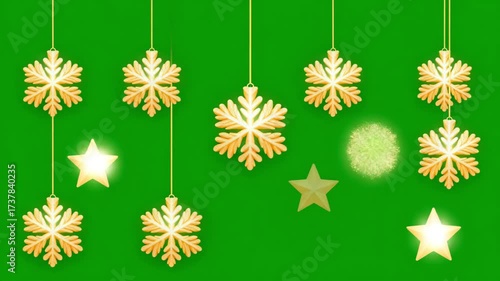 Wallpaper Mural Golden Snowflake Ornaments Hanging Green Background Festive Winter Holiday Celebration Decoration Torontodigital.ca