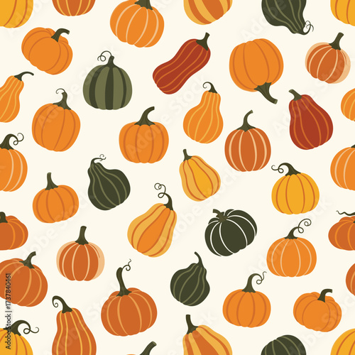 A colorful collection of various types of pumpkins and gourds scattered across a cream background.