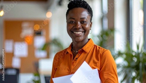a smiling professional black woman with short hair wearing an orange shirt holding document in the office