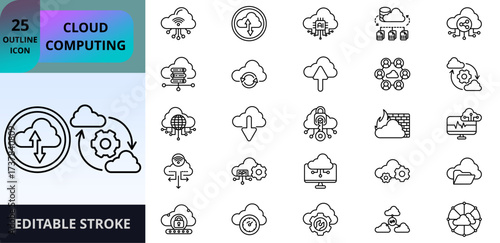 25 Cloud Computing outline icons set, including upload, download, sync, server, database, security, backup, monitoring, collaboration, and AI. Perfect for technology, IT, data, and business project
