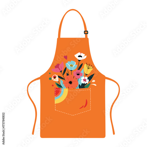 A vibrant orange apron featuring a colorful floral pocket design with a rainbow accent.