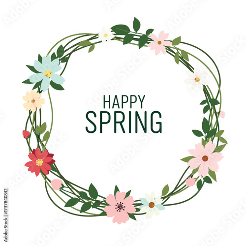 A festive circular floral wreath with the words happy spring written inside.
