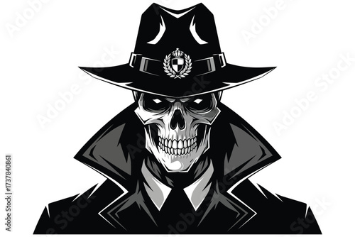 Vector art of sinister vector illustration of a skull wearing a fedora and trench coat, , embodying a mysterious detective or gangster persona in monochrome