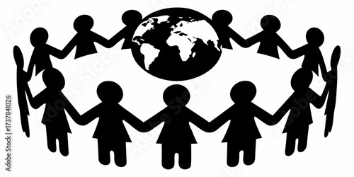 United Community Silhouette Holding Hands Around the World Symbolizing Global Unity and Connection, Promoting Peace, Diversity, and Collaboration Effort
