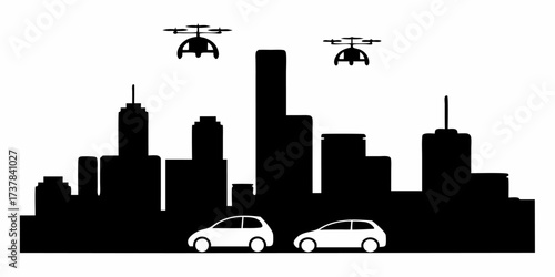 Futuristic city skyline featuring drones delivering packages above cars, showcasing modern technology and urban innovation, a symbol of progress and efficiency