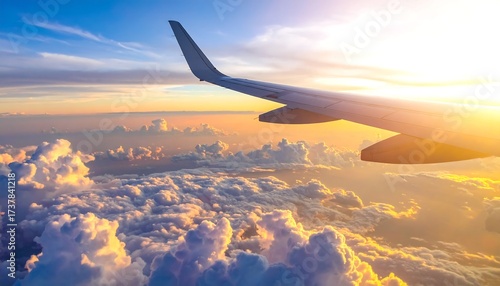 View from an airplane window at golden hour