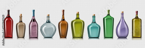 Realistic wine bottles. 3d vector colorful glass flasks in different shapes and sizes on transparent background. Containers for drink packaging, product mockups or beverage branding presentations