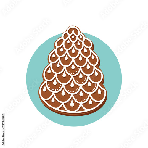 A festive pinecone shaped gingerbread cookie decorated with white icing on a light blue circle background.