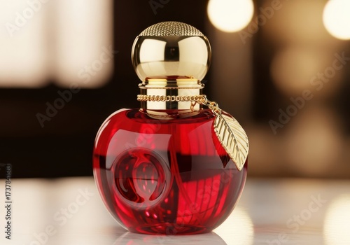 A luxurious red perfume bottle shaped like an apple, with a golden cap and leaf accent, exuding elegance and sophistication