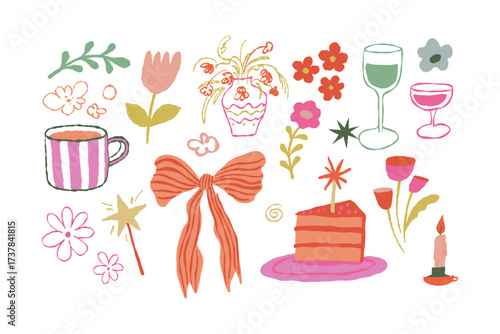 Vector set of hand drawn illustrations, quirky doodle elements for christmas banners and invitations,  birthday party cards, prints