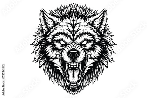 Vector art of a ferocious wolf head in black and white, the detailed illustration captures the intensity and wild nature of the predator