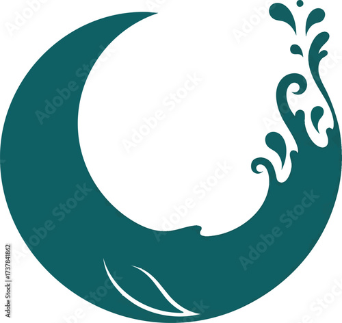 Stylized teal whale forming a crescent moon shape with a splashing tail.