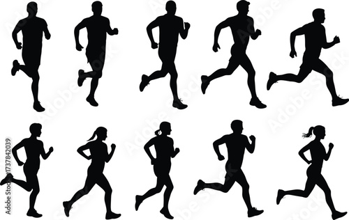 Running people silhouettes, athletic motion, diverse body types, dynamic stride, fitness concept, human movement, sports energy, flat vector illustration