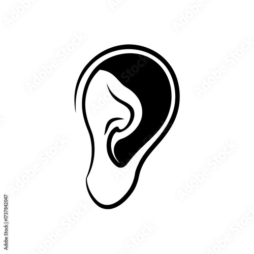 Stylized black and white drawing of ear on transparent background silhouette