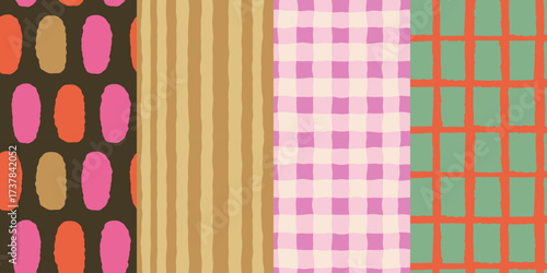 Vector set of seamless patterns – abstract hand-drawn quirky doodles, striped, plaid, and checkered designs – festive, party, and Christmas decorative wrapping paper and textile backgrounds