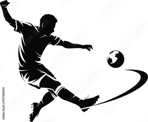 Soccer player kicking ball, athletic motion, sports action, dynamic pose, football energy, competitive spirit, motion line, flat vector illustration