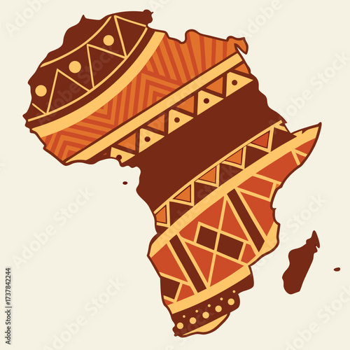 Continent of Africa displays detailed traditional tribal patterns against a cream backdrop, showcasing cultural artistry