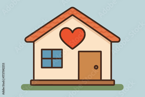 Cute flat illustration of a cozy house with a red heart symbol above the door, representing love, family, safety, warmth, and home comfort.