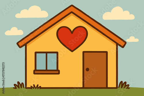 Cute flat illustration of a cozy house with a red heart symbol above the door, representing love, family, safety, warmth, and home comfort.