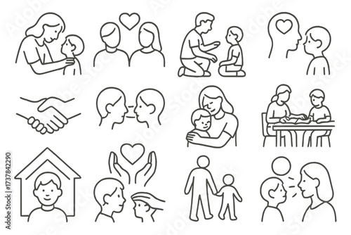 Collection of linear icons representing parenting, family communication, love, empathy, education, and child support.