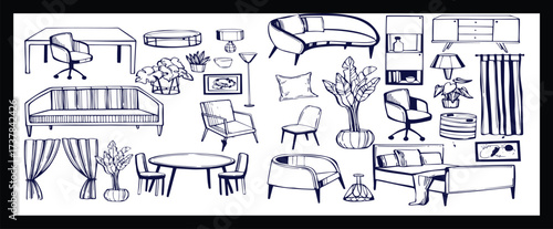 Doodle sketch of living room furniture, hand-drawn in different sizes and types, modern and vintage. Scandinavian furniture Interior elements Boho style. Vector illustration