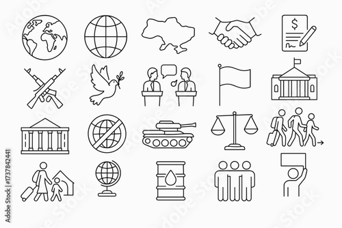  War and Peace Linear Icons Set.Vector outline icon set illustrating themes of war