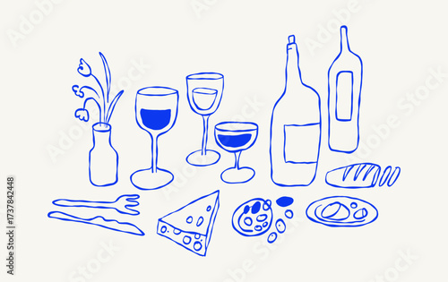 Vector hand drawn quirky doodle illustration, wine party, menu bar cover, party invitation banner