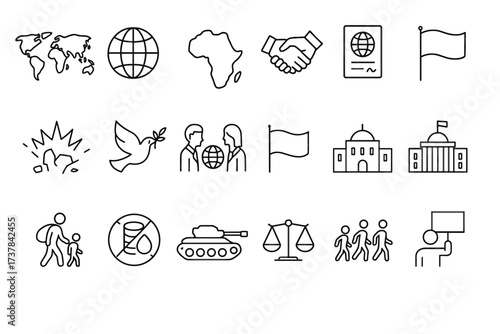  War and Peace Linear Icons Set.Vector outline icon set illustrating themes of war