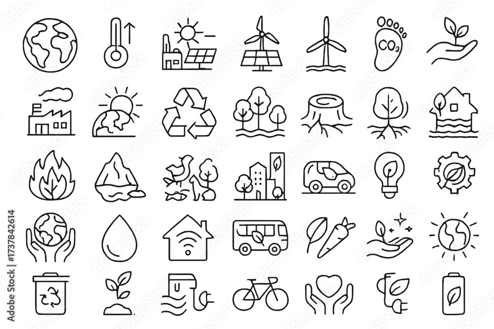 Fototapeta premium Climate Change and Sustainability Outline Icons Set