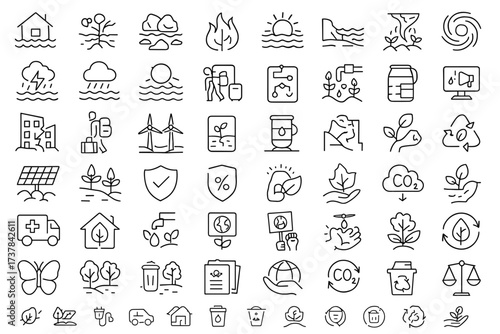 Climate Crisis and Environmental Protection Linear Icons Set