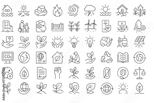 Climate Crisis and Environmental Protection Linear Icons Set