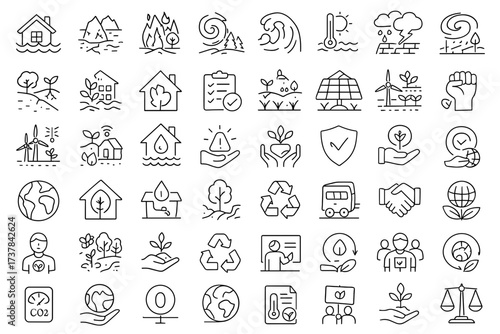 Climate Crisis and Environmental Protection Linear Icons Set