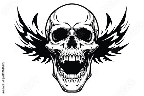 Vector art of a skull with wings, its empty eyes staring into the abyss, a black and white illustration of death and mortality, a symbol of the afterlife